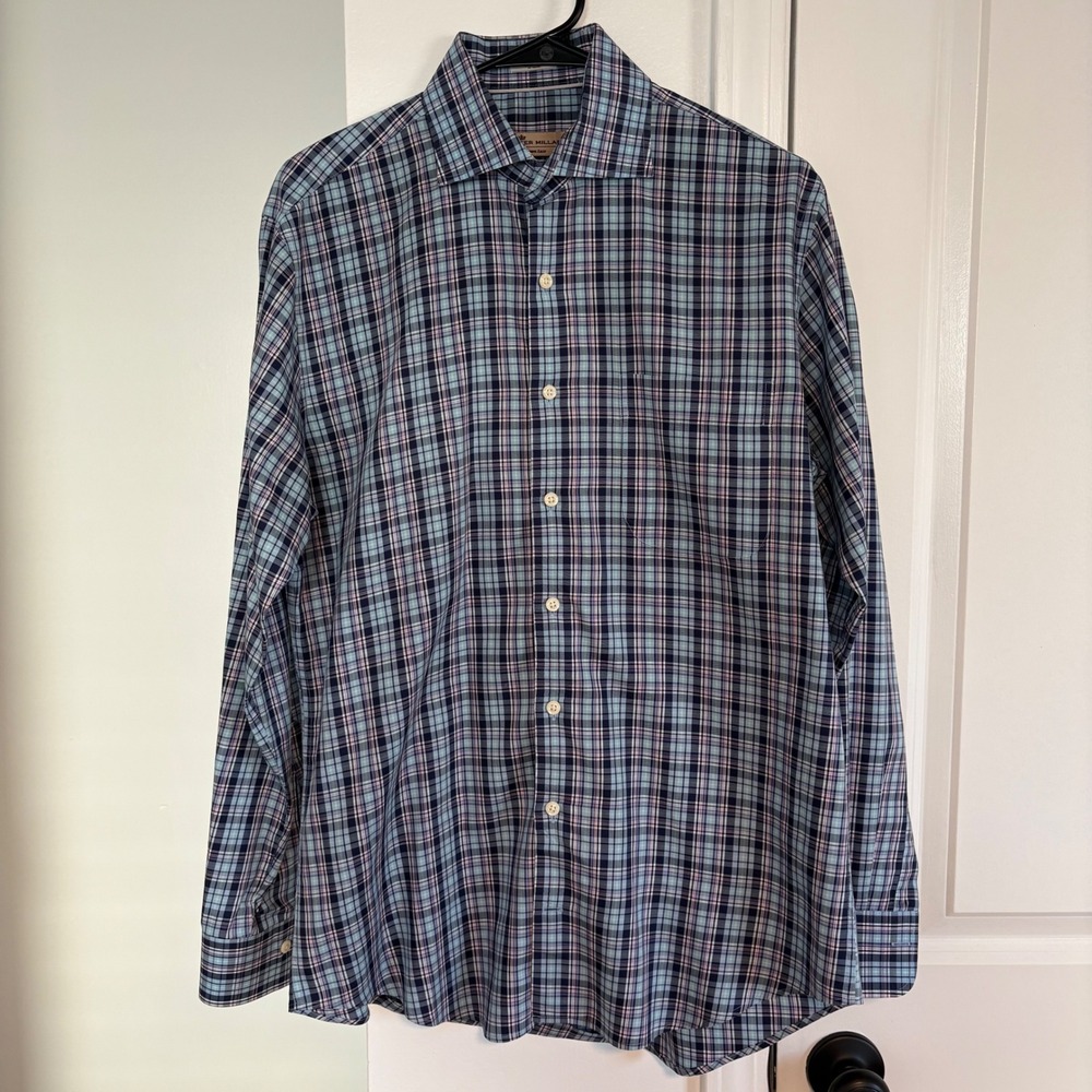 Peter Millar‎ Crown Ease Mens M Plaid Button Down Shirt Long Sleeve 100% Cotton